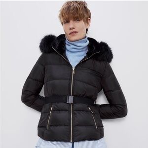NWT Zara Belted Black Puffer Puff Jacket With Removable Faux Fur Hood
